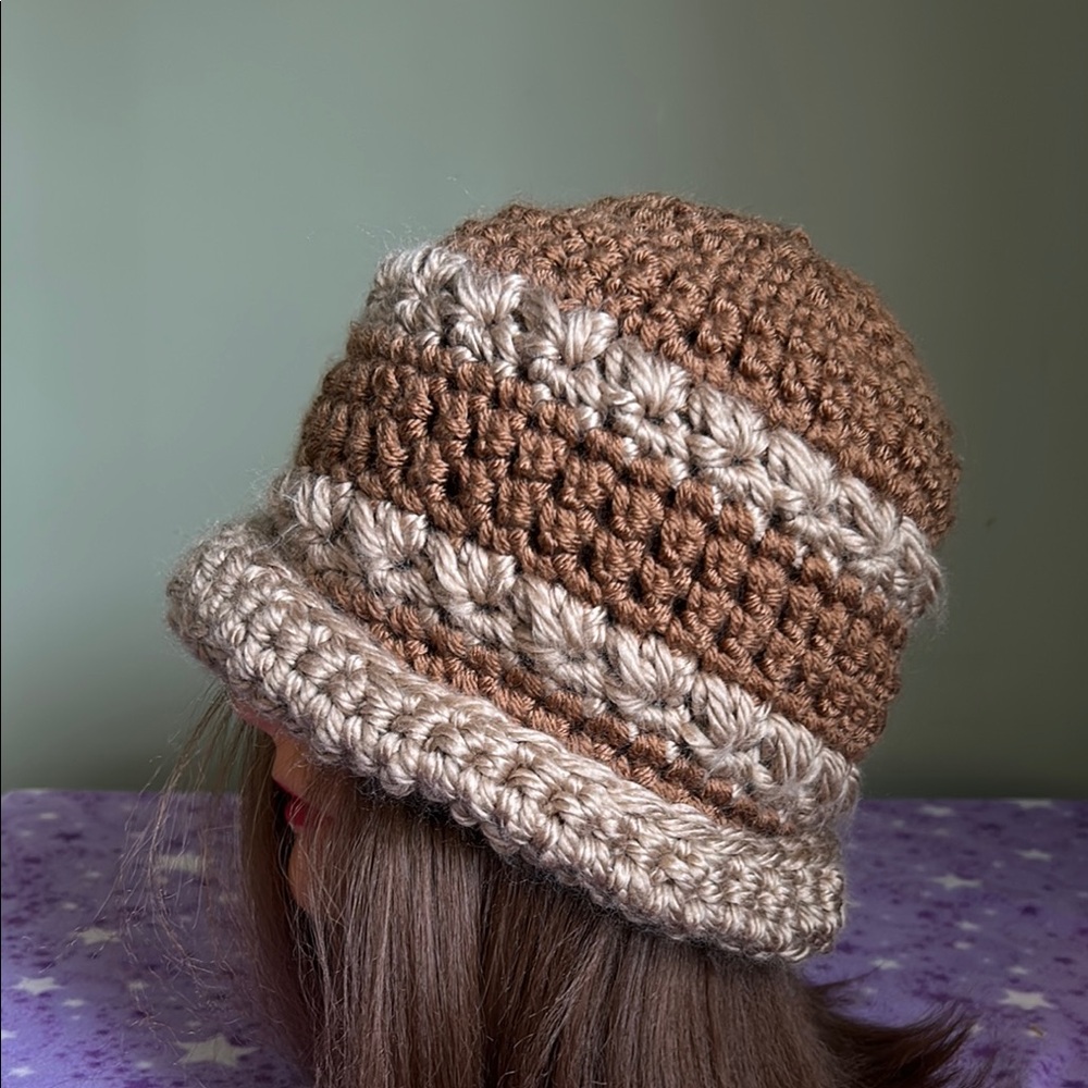 Crochet Brown and golden honey Crochet rolled rim hat medium warm